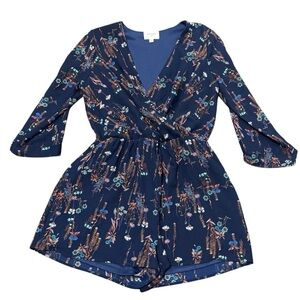 Everly Anthropologie Navy Blue Floral Bohemian Romper Size Medium